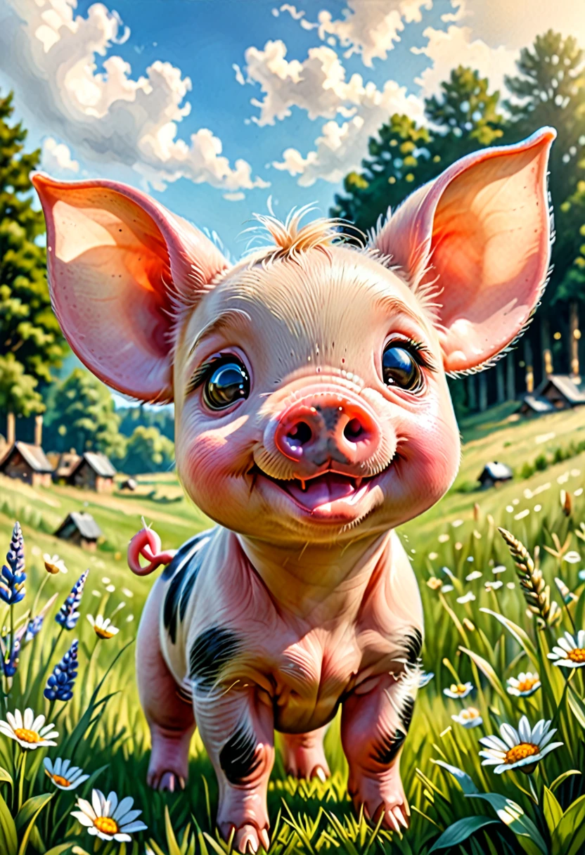 名作插图, 高质量, 高分辨率 16k, 一幅画，画中有一只小猪，脸上带着微笑，长着大耳朵，坐在阳光明媚的草地上, 光滑肌肤, (鱼眼相机), 艺术站中的有趣卡通趋势, 顽皮的微笑, 🍁 可爱的, 受到 Ruben Tam 的启发, very 可爱的 facial features, , 体积小, 长而尖的耳朵, 艺术风格, 油画和水彩画