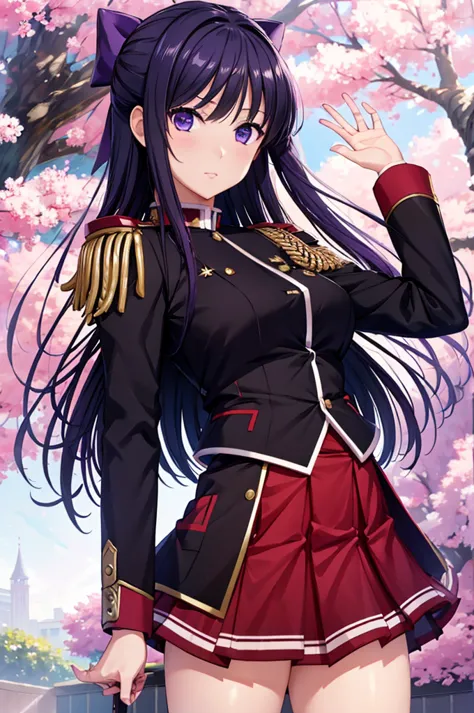 Akane Ryuuzouji、Black jacket uniform、Red pleated skirt、Epaulettes、A strap from the right shoulder to the chest、Purple head ribbo...