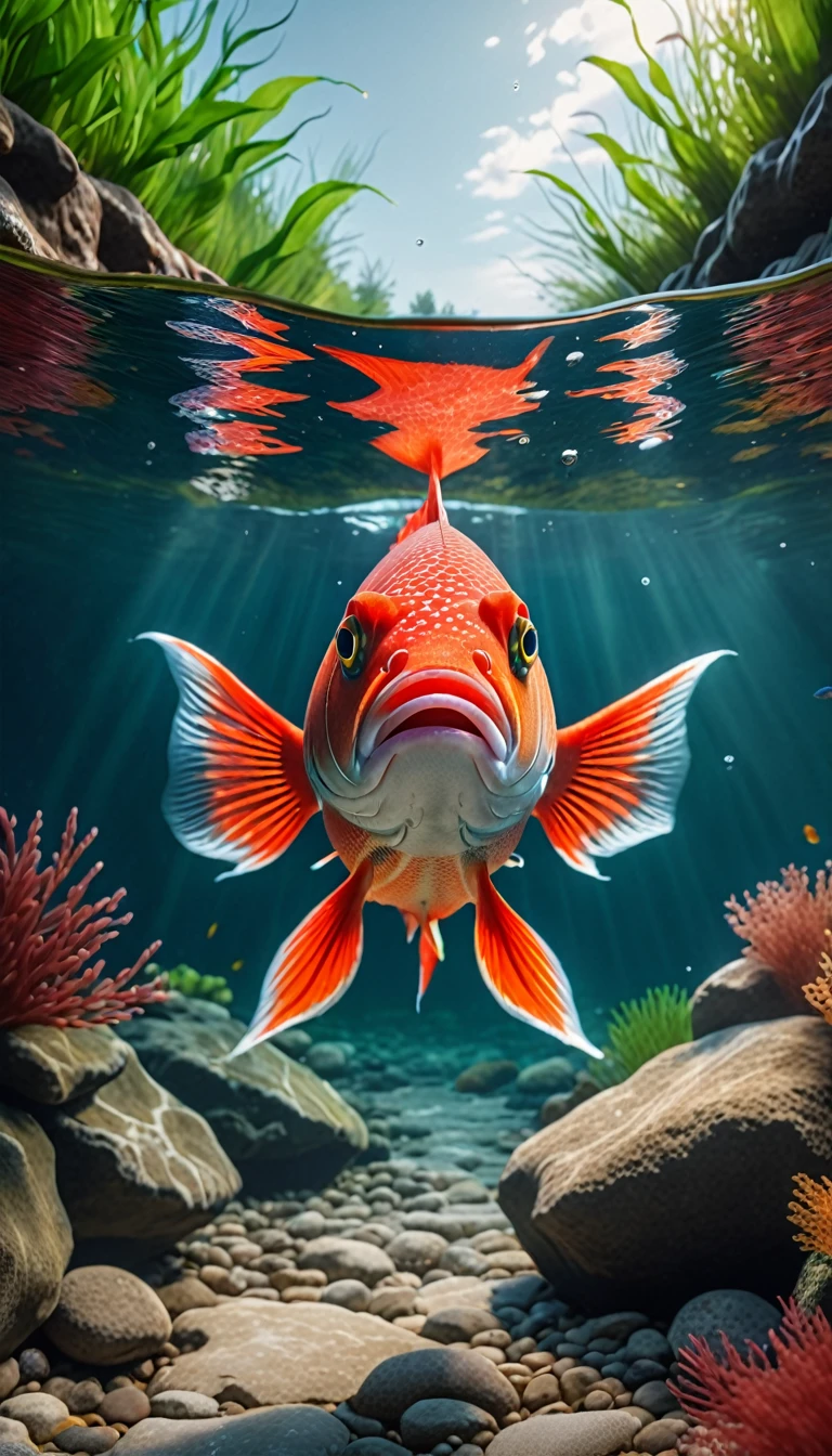 전면보기，강 아래 붉은 물고기, (최고의 품질，4K，8K，높은 레벨，걸작：1.2），매우 상세한，（살아 있는 것 같은，사진 진짜，사진 진짜：1.37），매우 상세한 동물，복잡한 패턴，사실적인 조명，판타지 생물