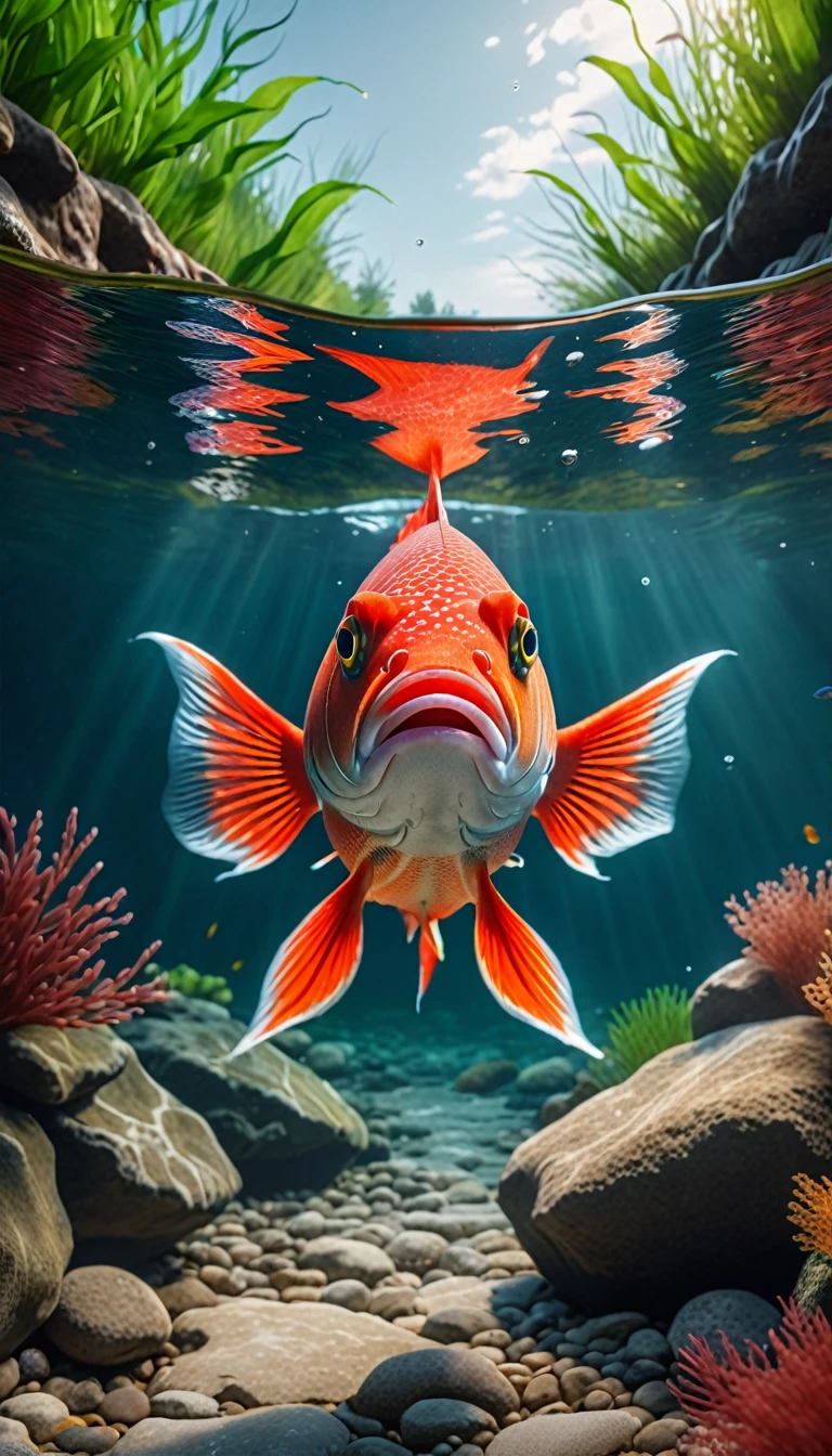 Front view，A red fish under the river, (best quality，4K，8K，High level，masterpiece：1.2），Ultra Detailed，（lifelike，Photo real，Photo real：1.37），Highly detailed animals，Complex patterns，Realistic lighting，Fantasy Creatures