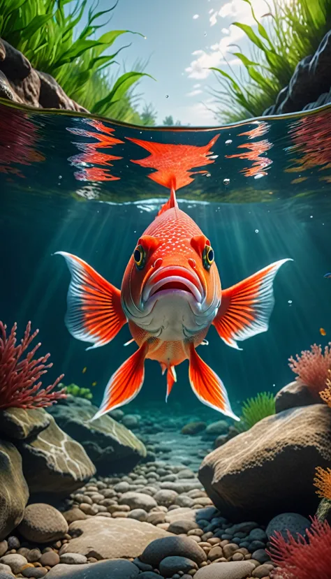 Front view，A red fish under the river, (best quality，4K，8K，High level，masterpiece：1.2），Ultra Detailed，（lifelike，Photo real，Photo...