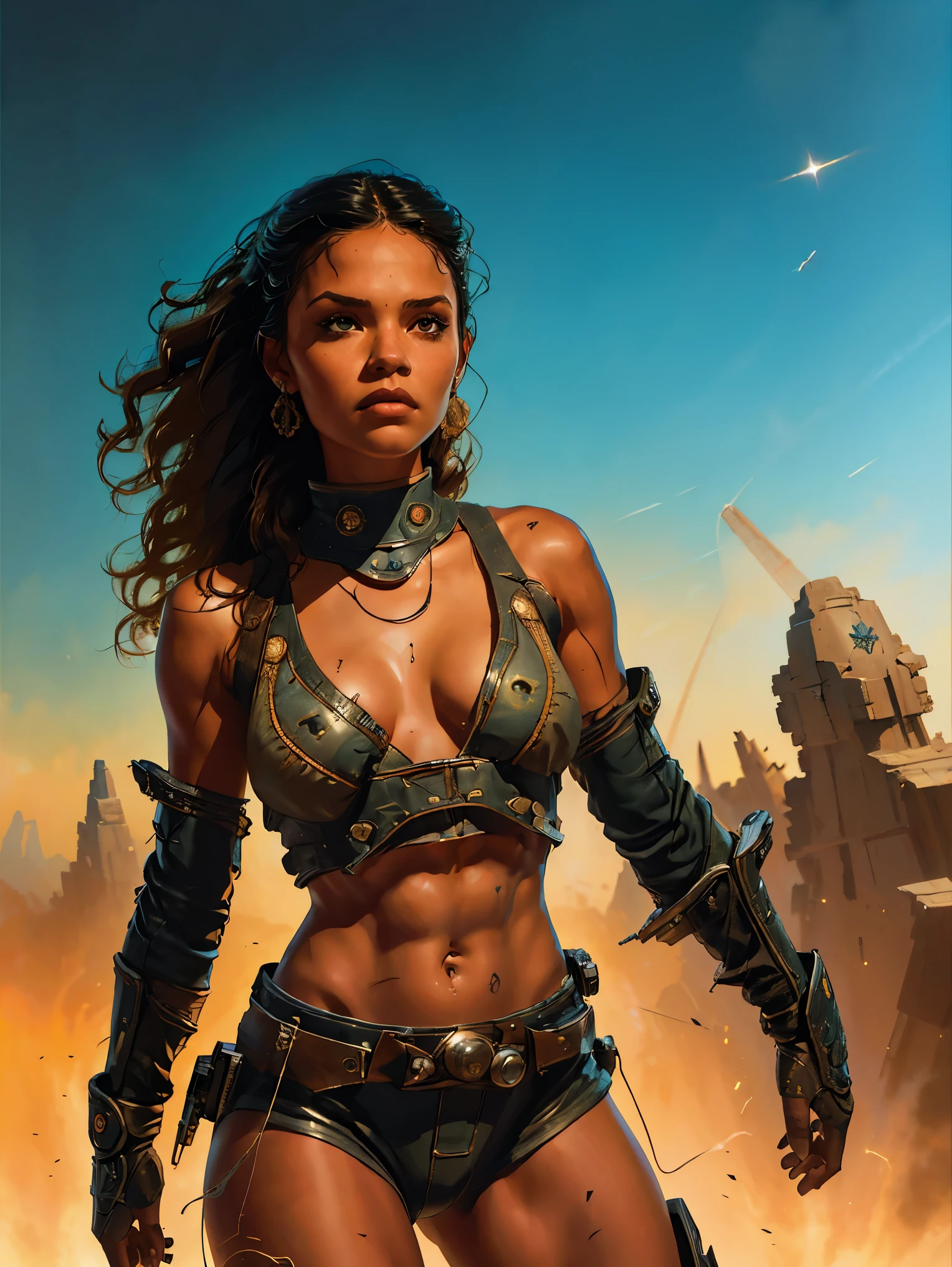 a young female space fighter pilot based on Jenna Ortega, sci-fi illustration, highly detailed cinematic fantasy portrait, black outlining, full color illustration, in the style of BORIS VALLEJO & JULIE BELL, masterpiece, 8k, ultra-detailed, physically-based rendering, vivid colors, dramatic lighting, intricate background, fantasy, photorealistic