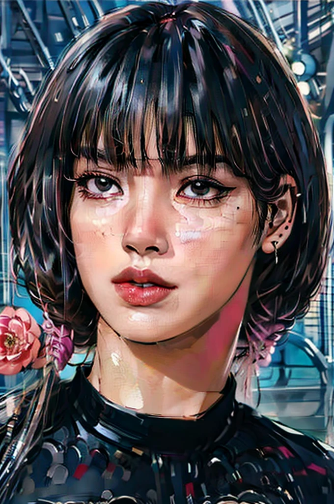 Lisa preto rosa, ((Linda adolescente)), figura de ampulheta, seios médios, olhos castanhos, Cabelo preto, rosto sedutor, (Camisa cropped), pele clara, Obra de arte, melhor qualidade, ultra detalhado, realista