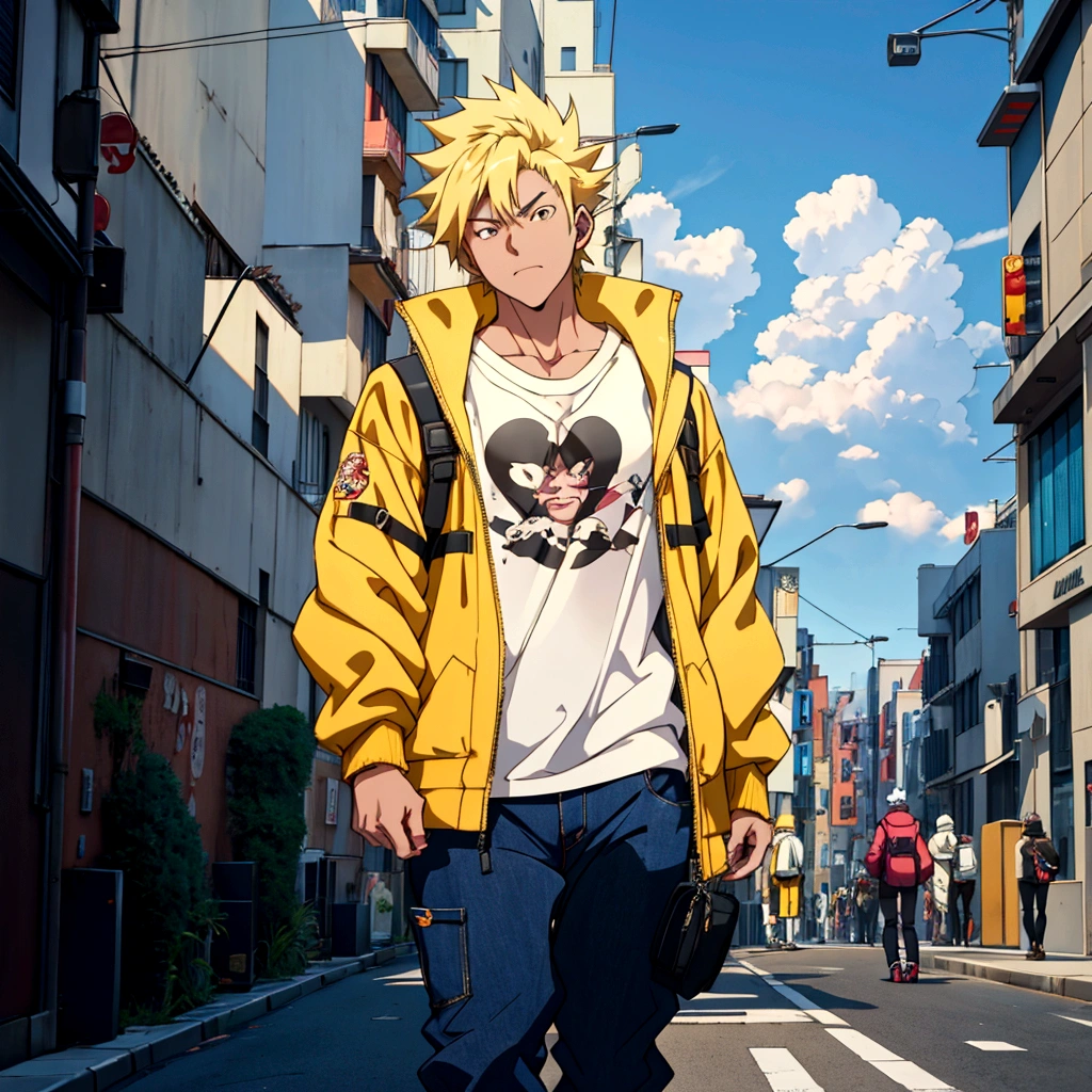 A cartoon character wearing a yellow jacket walking down a city street, Realistic Anime 3D Style, Anime Styled 3d, Anime Style. 8K, Standing in the city centre, modern Anime Style, Standing on the street, Anime Style hyper detailed, in Anime Style, Anime Style character, in an Anime Style, Realistic clothing, 3D Anime Real, semirealistic Anime Style