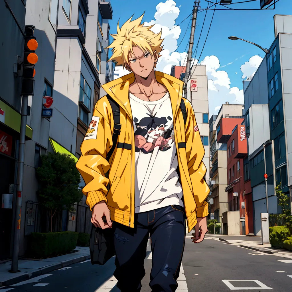 a cartoon character wearing a yellow jacket walking down a city street, realistic anime 3d style, anime styled 3d, anime style. ...