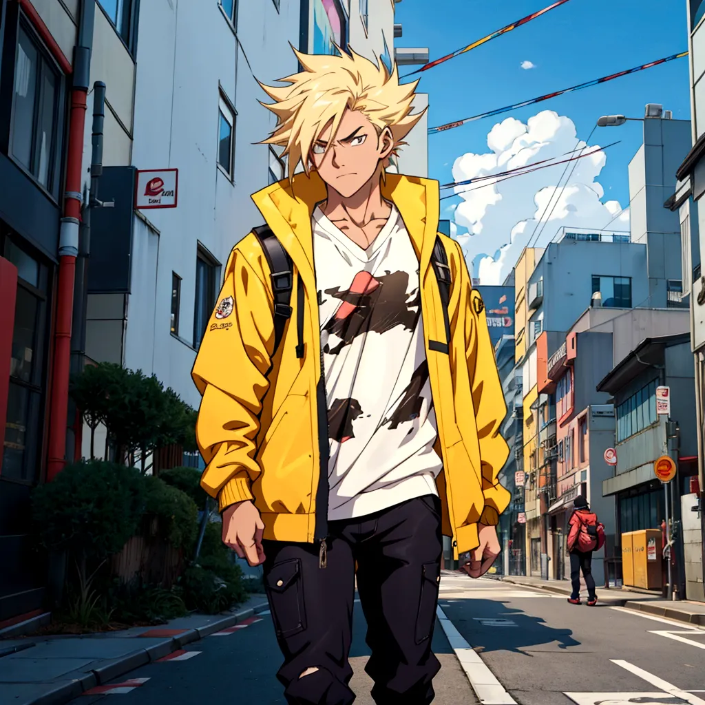 a cartoon character wearing a yellow jacket walking down a city street, realistic anime 3d style, anime styled 3d, anime style. ...