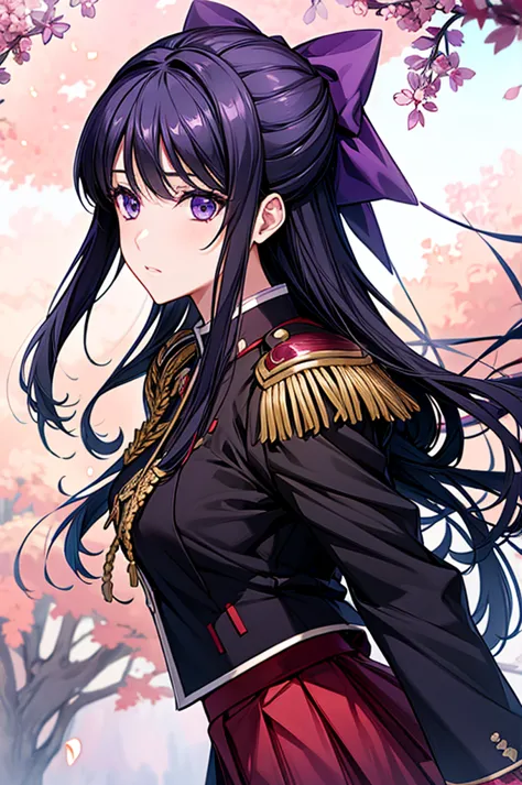 akane ryuuzouji、black jacket uniform、red pleated skirt、epaulettes、right shoulder to chest ornament、purple head ribbon