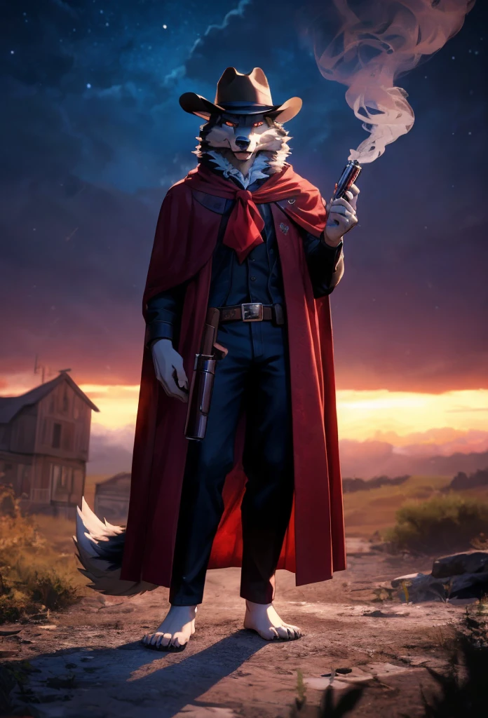 (((Barefoot furry character, full body, cinematic setting, furry male, plantigrade))) 

portrait, ((mysterious stranger black long fur wolf gunslinger)), ((holding smoking gun)), ((holding revolver)), abandoned town, alone ,strange, surreal, desolate, ghostly, eerie, lonely, solitude, short red cloak,red glowing eyes, fantastical, dangerous,night sky,red sky,  cinematic lighting, volumetric lighting, Film grain, cinematic film still, shallow depth of field, highly detailed, (western atmosphere), black cowboy hat

BREAK, intricate details, highly detailed, extreme detail, octane render, fine art, best quality, highres, (detailed face:1.5), ((full_body)), UHD, (((perfect hands))), low light