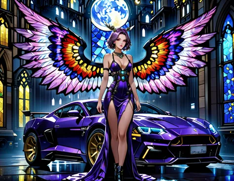 Arafed a ((stained glass artwork picture:1.5)) stained-glass, of a (mech cyberpunk female angel: 1.2) standing in at the street ...