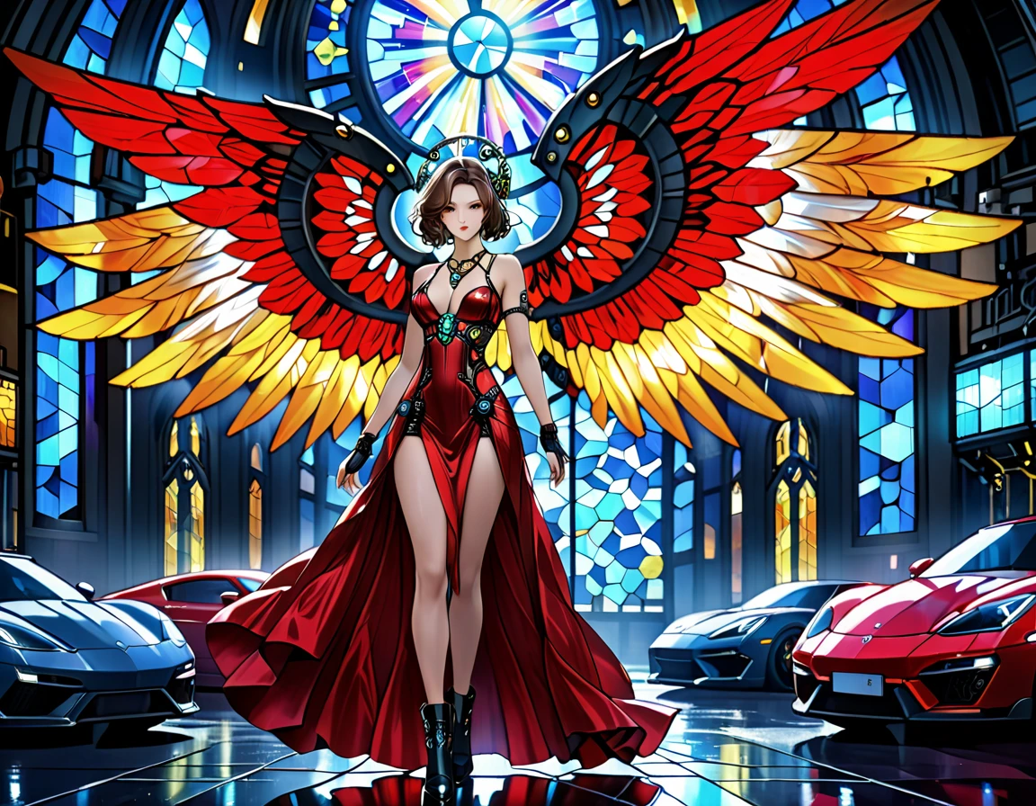 Arafed ein ((Glasmalerei Kunstwerk Bild:1.5)) Buntglas, eines (mech cyberpunk female angel: 1.2) standing in at the street at Nacht near her Sportwagen, Nacht, an exquisite beautiful cyberpunk female angel Tragen dark dress, Tragen ((kompliziertes, glamouröses rotes Abendkleid im Mech-Stil: 1.3)), Kleid hat winzige Mechteile, Hightech-Teile, (weiße Engelsflügel: 1.2), breite Engelsflügel aus, Heiligenschein über dem Kopf, Kleines Dekolleté, Tragen intricate diamond necklace, Tragen elegant high heeled boots, dynamische Augenfarbe, dynamische Haarfarbe, dynamische Frisur, neben ihr stehen (Sportwagen: 1.3), cyberpunk street t background at Nacht, Mondlicht und Sterne, , Ganzkörperaufnahme, (Meisterwerk: 1.5), beschwingt, ultrahohe Auflösung, Hoher Kontrast, Meisterwerk:1.2, höchste Qualität, Beste Ästhetik), beste Details, beste Qualität, highres, Ultraweitwinkel, 16k, [Extrem detailliert], Meisterwerk, beste Qualität, (Extrem detailliert), Mechanikus, intensiver Blick, Buntglas