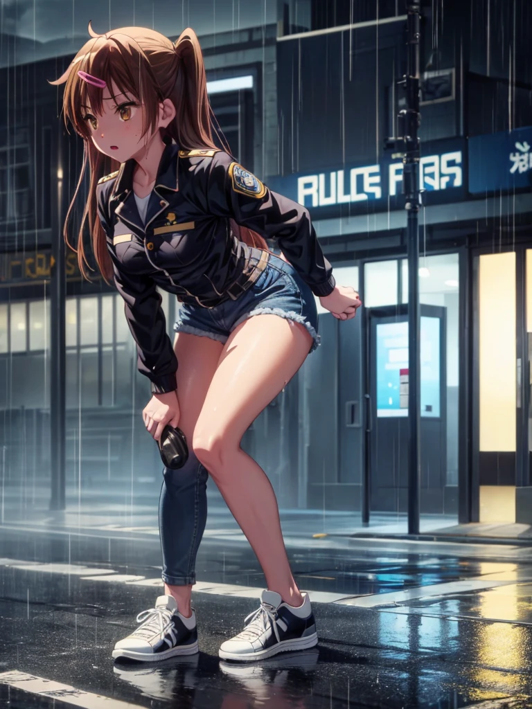 Girl, Black jacket, blue jeans, police station background, night, rain, small breast ,Sneakers , wet bod, In full growth 