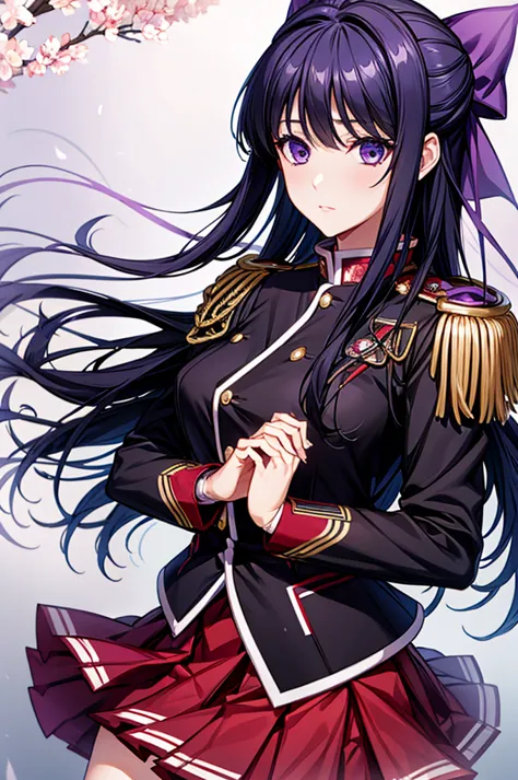 akane ryuuzouji、black jacket uniform、red pleated skirt、epaulettes、right shoulder to chest ornament、purple head ribbon