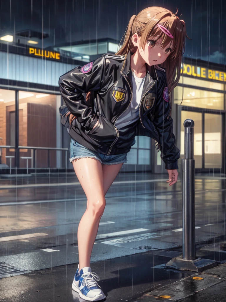 Girl, Black jacket, blue jeans, police station background, night, rain, small breast ,Sneakers , wet bod, In full growth 