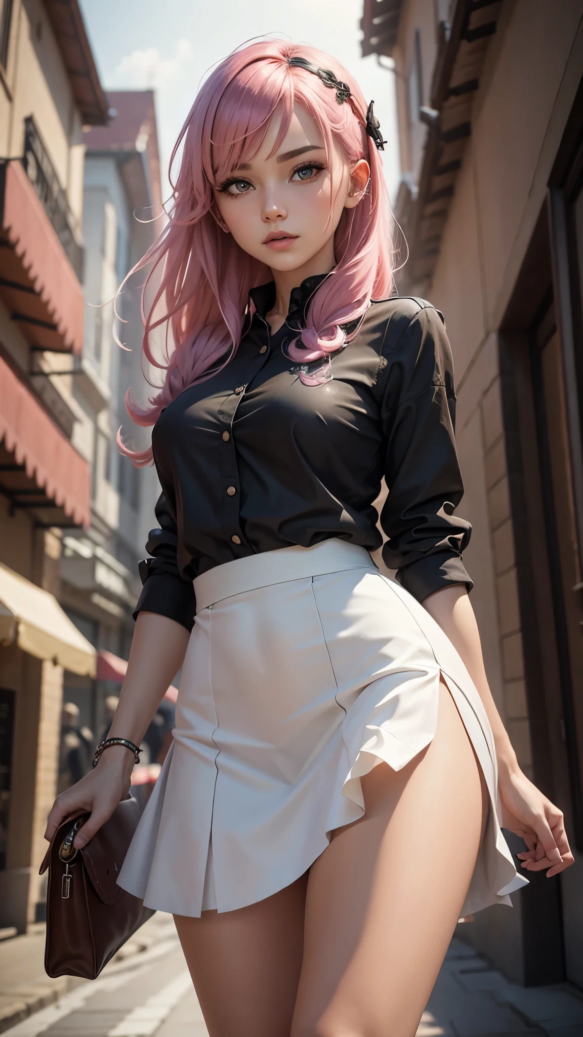 a masterpiece, best quality, highres, absurdres, 1girl, crowd, skirt, pink hair, gasai yuno, from below, revealing clothes, skindentation, outdoors, sunlight, street, looking at viewer, blush, detailed face, beautiful detailed eyes, beautiful detailed lips, extremely detailed face, long eyelashes, cinematic lighting, depth of field, volumetric lighting, photorealistic, digital painting, concept art, vibrant colors, dynamic pose