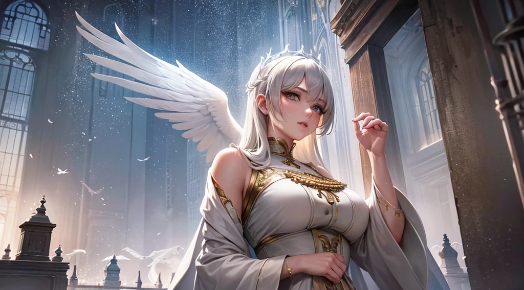 "1 29 years old fully clothed beautiful angel mother with long white hairs and 2 beautifull white angelic wings, european face, praying, white clothes, large hips, big , white doves, doves in the background, serene and peaceful expression, beautifull scenerie, dove in background, heaven"((day:1.5)),outdoors, ((extremely detailed background)), ice particles, snowing, destroyed buildings, standing, facing viewer,action pose, detached sleeves, between eyes, 1girl, solo,Beautiful Finger,Beautiful body,Beautiful Nose, perfect face,(mature:1.1),(milf:1.1),(mature female:1.3),make up,parted lips,(shiny skin:1.3),(perfect female body:1.2),(gorgeous detailed skin),(detailed hair), masterpiece, high quality, highres, absurdres,(beautiful and aesthetic:1.2), beautiful hand, fully clothed