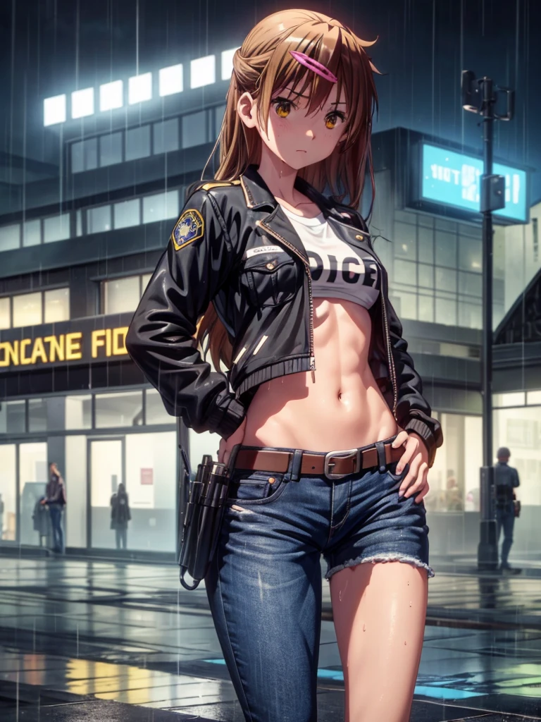 Girl, Black jacket, blue jeans pants , police station background, night, rain, small breast ,Sneakers , wet bod, In full growth, Holster with a pistol on the belt 