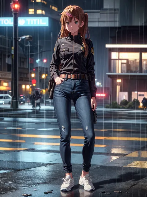 girl, black jacket, blue jeans pants , police station background, night, rain, small breast ,sneakers , wet bod, in full growth,...