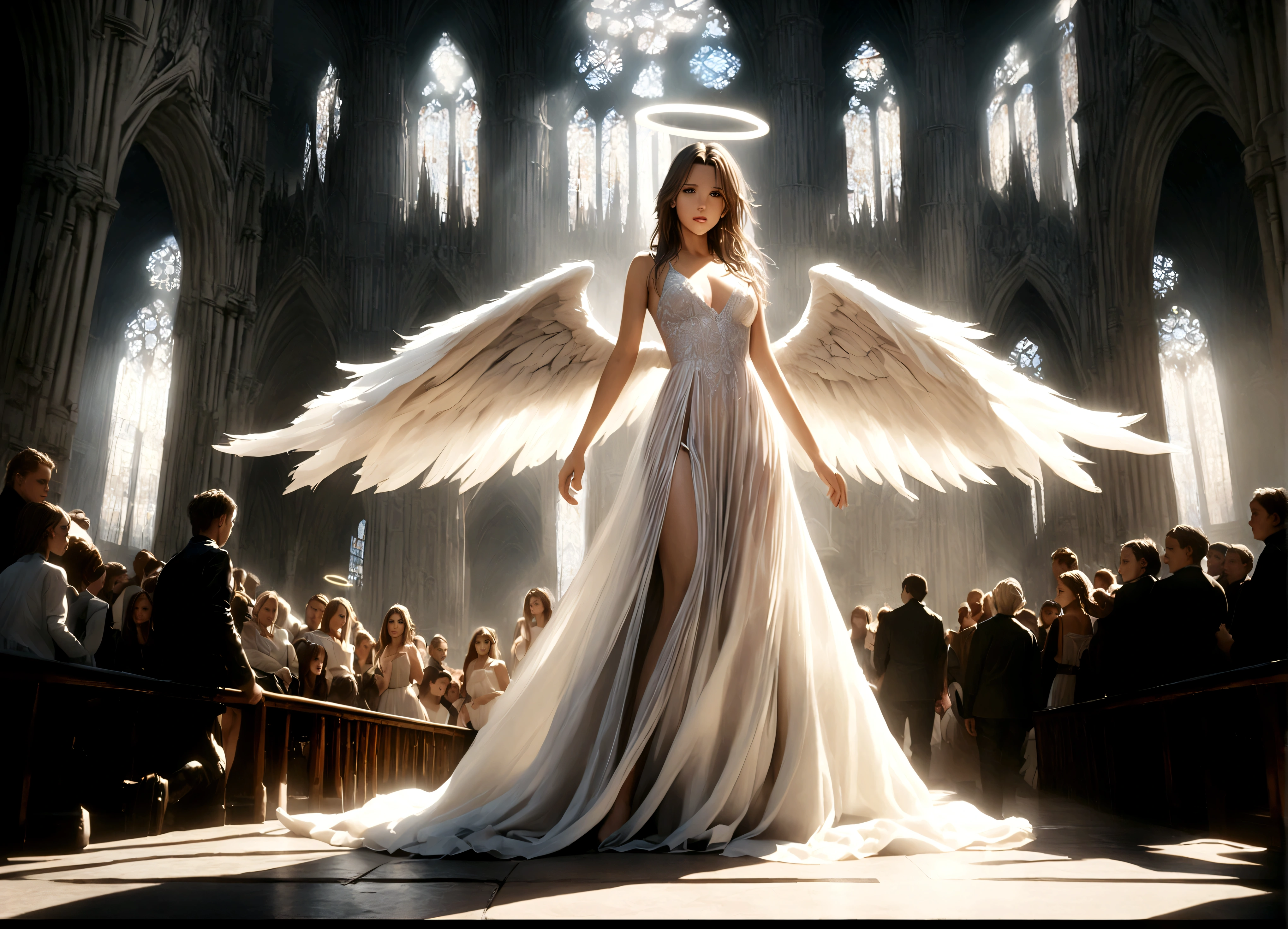 angel, Kate Beckinsale, age 25, platinum blonde hair, halo, large pair of white wings, sheer silk dress, holy corona, majestic pose, cathedral, crowded, intricate details, cinematic lighting, dramatic, photorealistic, 8k, masterpiece