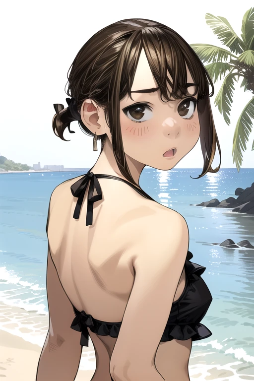 Very detailed, high quality:1.5, masterpiece, beautiful, Photograph the whole body,Film Portrait,((douki-chan)),Short Ponytail,Sandy Beach,summer,Ocean,Blue swimsuit,bikini,jewelry,Earrings,((Tilt your head)),((turn around)),beautiful尻,),(beautiful脚),Squint your eyes,Lovely, 