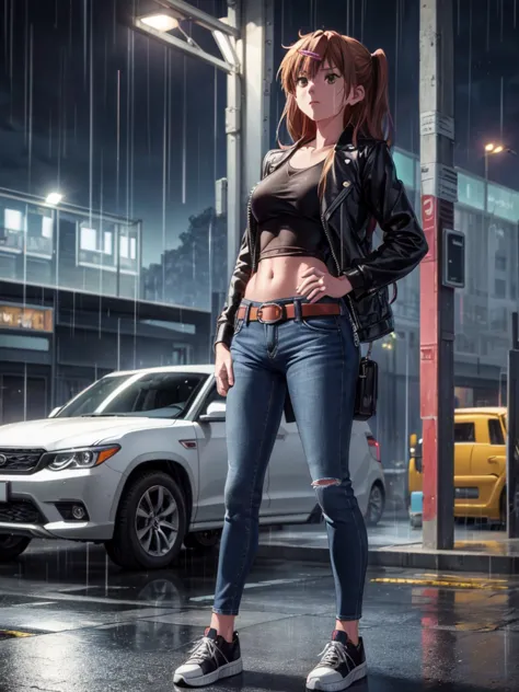 girl, black jacket, blue jeans pants ,  car parking background, night, rain, small breast ,sneakers , wet bod, in full growth, h...