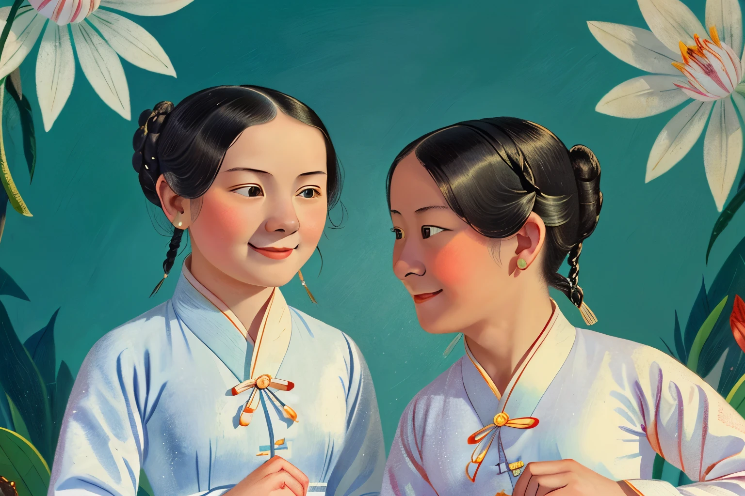 Puwei, China, 1838. A young ((((15-year-old)) WhiteLily and SnowFlower)), two girl friends, pale, beautiful, in a fair, ((smug smile)), ((((chinese clothings from the 1830s)))), ((hairstyle of the 1830s)), ((colorful))
