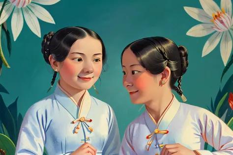 puwei, china, 1838. a young ((((15-year-old)) whitelily and snowflower)), two girl friends, pale, beautiful, in a fair, ((smug s...