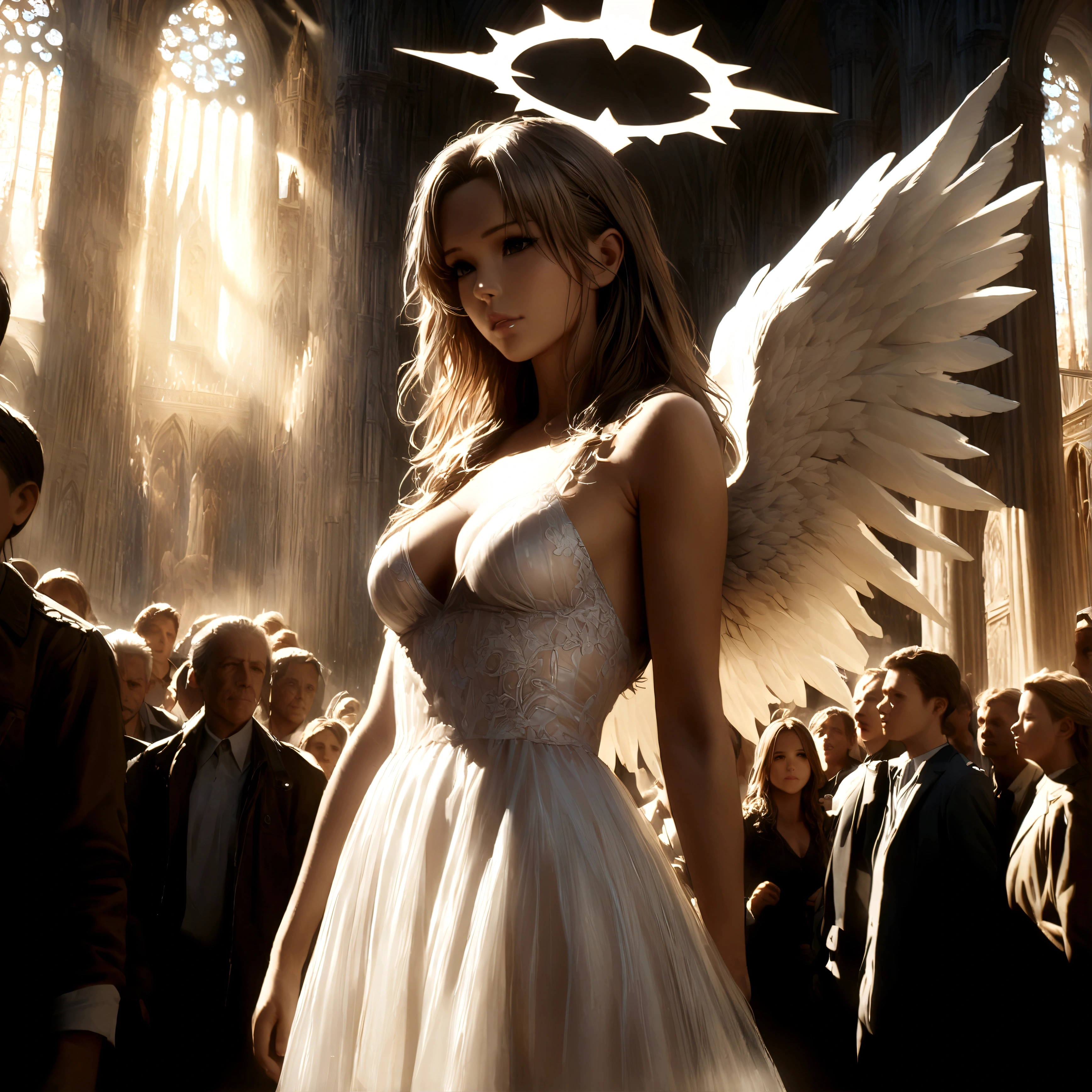angel, Kate Beckinsale, age 25, platinum blonde hair, halo, large pair of white wings, sheer silk dress, holy corona, majestic pose, cathedral, crowded, intricate details, cinematic lighting, dramatic, photorealistic, 8k, masterpiece