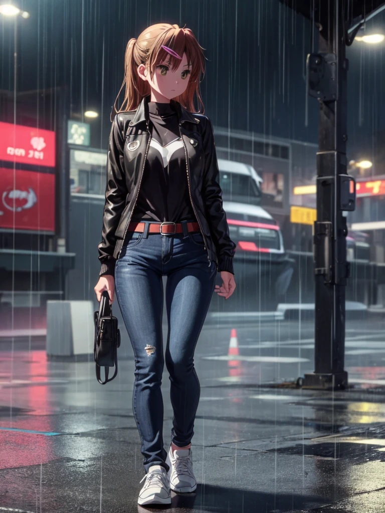 Girl, Black jacket, blue jeans pants ,  car parking background, night, rain, small breast ,Sneakers , wet bod, In full growth, Holster with a pistol on the belt