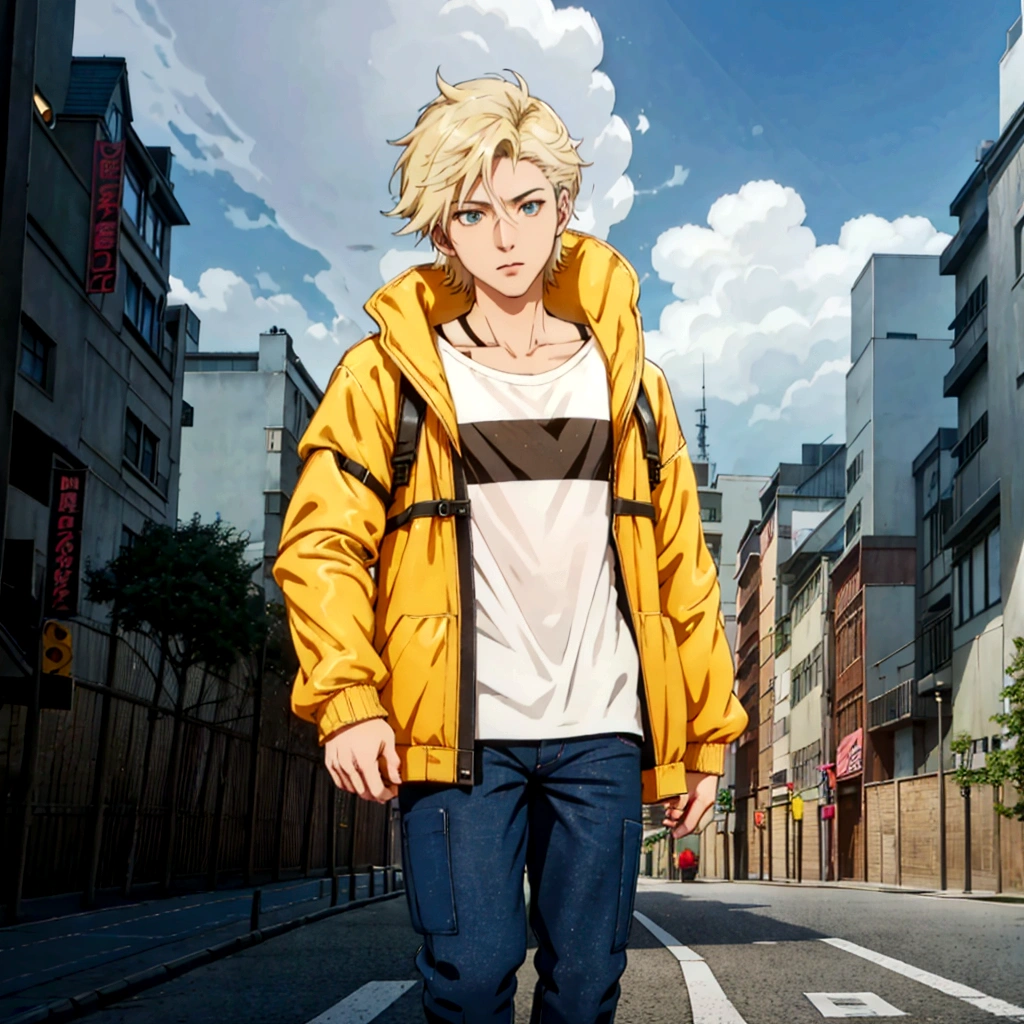 A cartoon character wearing a yellow jacket walking down a city street, Realistic Anime 3D Style, Anime Styled 3d, Anime Style. 8K, Standing in the city centre, modern Anime Style, Standing on the street, Anime Style hyper detailed, in Anime Style, Anime Style character, in an Anime Style, Realistic clothing, 3D Anime Real, semirealistic Anime Style