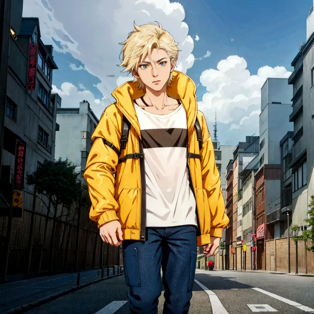 A cartoon character wearing a yellow jacket walking down a city street, Realistic Anime 3D Style, Anime Styled 3d, Anime Style. ...