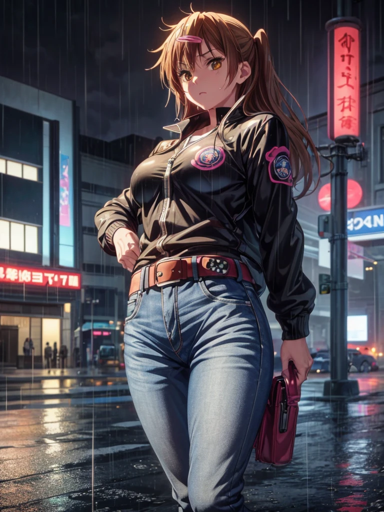 Girl, Black jacket, blue jeans pants ,  japan police car background, night, rain, small breast ,Sneakers , wet bod, In full growth, Holster with a pistol on the belt