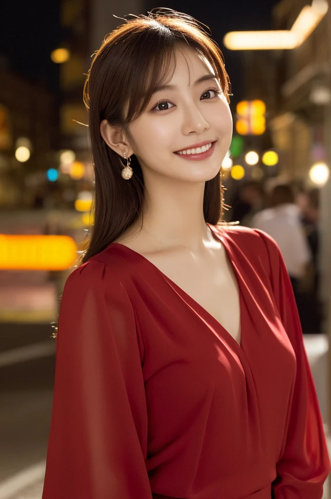 一人の美しい女性, (赤いブラウスを着て:1.2), 美しい日本の女優,
(RAW写真, 最高品質), (現実的, 写実的な:1.4), 傑作, 
とても繊細で美しい, 非常に詳細, 8k壁紙, 素晴らしい, 
詳細に, 非常に詳細 CG Unity 8K 壁紙, 非常に詳細な, 高解像度, 
やわらかい光, 美しい詳細な女の子, 非常に詳細目と顔, 美しく細部までこだわった鼻, 細部への美しい配慮, 
映画照明, 夜の街の明かり, 完璧な解剖学, 細身の体, 笑顔
