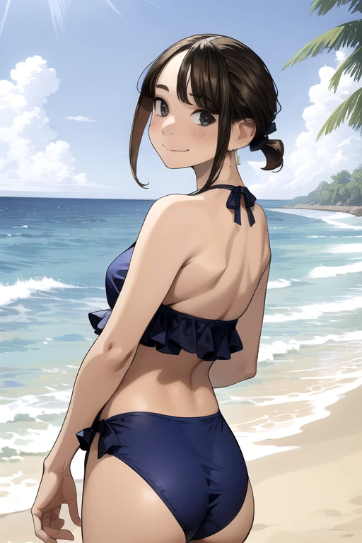 Very detailed, high quality:1.5, masterpiece, beautiful, Photograph the whole body,Film Portrait,((douki-chan)),Short Ponytail,Sandy Beach,summer,Ocean,((Blue swimsuit)),bikini,Butt,jewelry,Earrings,((Tilt your head)),((turn around)),((Close your mouth)),smile,(beautiful尻,),(beautiful脚),Squint your eyes,Lovely, 