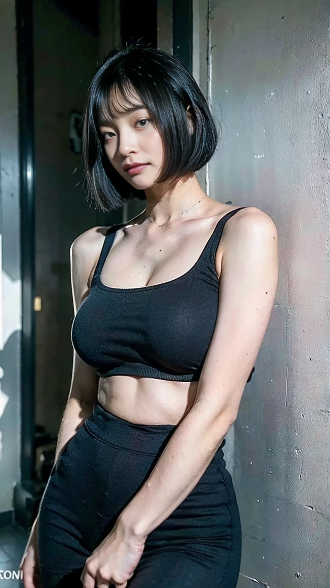 Realistic photos, 8k ,Handsome young Korean femboy with bob cut,(Ultra-realistic), (figure), (High resolution), (8k), (Very detailed), (Best figure), (Beautiful fine details), (highest quality), (Super detailed), (masterpiece), (wallpaper), (Detailed face), ((whole body)),alone,Black hair bob cut,Face is a girl,A man in a black tank top, Transgender,Korean,Sweaty, big, (Camel Toe)
 , short hair , close