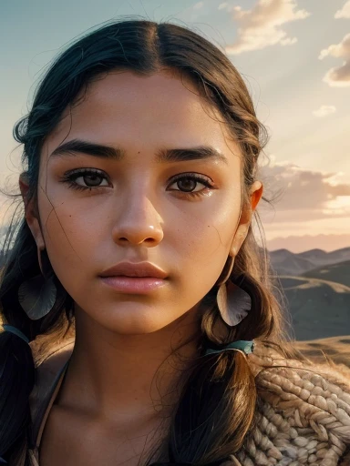 (best quality,4k,8k,highres,masterpiece:1.2),ultra-detailed,realistic,photorealistic:1.37, beautiful detailed eyes, beautiful detailed lips, extremely detailed face, longeyelashes, intimate view, classic oil painting, soft lighting, vibrant colors, warm tones, atmosphere, young and beautiful Ancient Native American Girl walking on on a field surrounded by mountains in ancient America, timid expression, random hairstyle, flawless skin texture, gentle breeze, elegant pose, nervous energy, afternoon ambiance, frontal shot, Wearing nativam, sunset