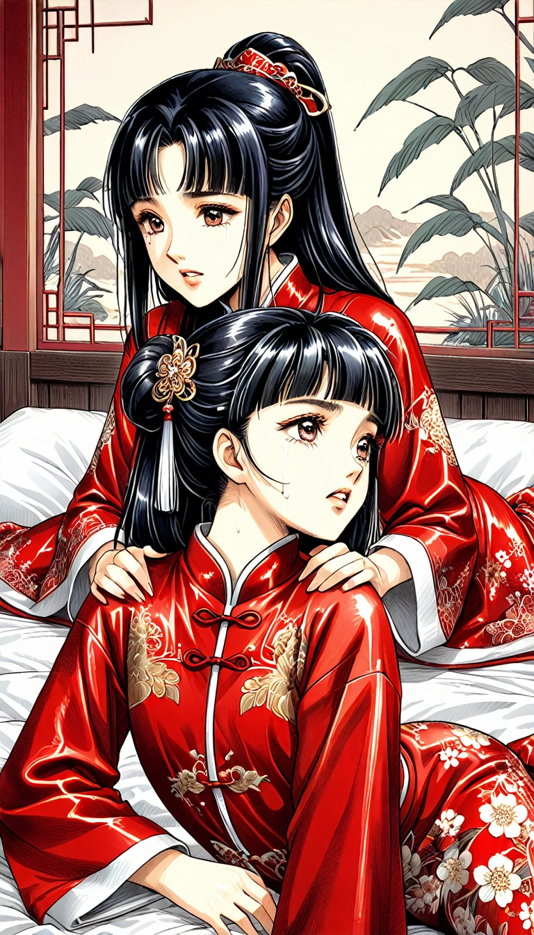 8k Tragic historical drama in live-action style: Beautiful palace secrets　Beautiful 10 year old Chinese Kung Fu princess with long black hair is forced to give a hard blowjob　Gorgeous embroidery, Ultra glossy, She is wearing a shiny red top and bottom long sleeve floral pajama kung fu suit....　　She cries loudly and is laid down on a floral futon to give the emperor a blowjob.