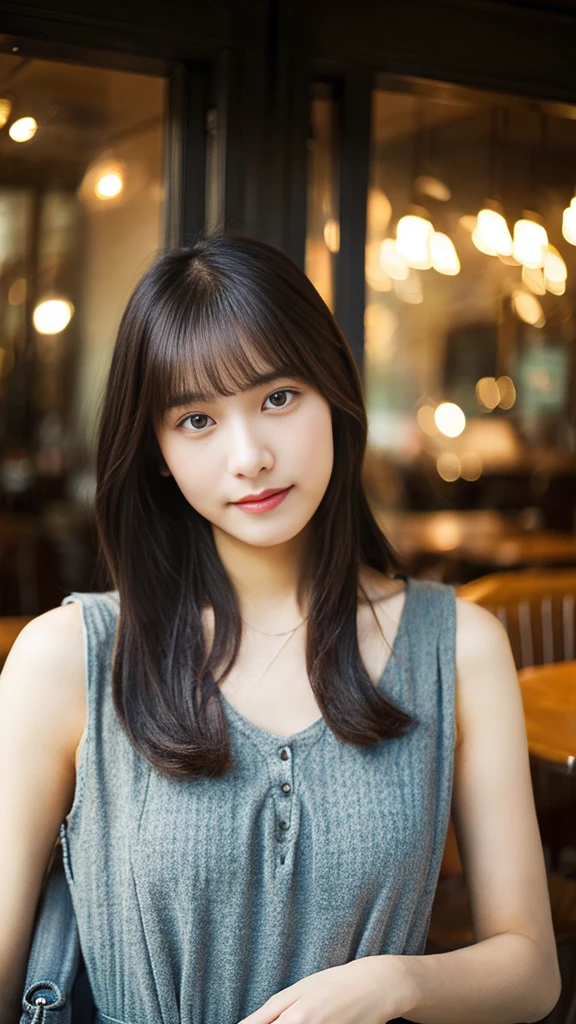 Portrait of a Japanese woman、alone、20 year old Japanese woman、Beautiful Face、Upper Body、Hair over one ear、Medium Sidecut、Sleeveless dress、Casual Dresses、(Highest quality、High resolution、high resolution、masterpiece:1.3)、At the cafe、Stylish cafe、necklace