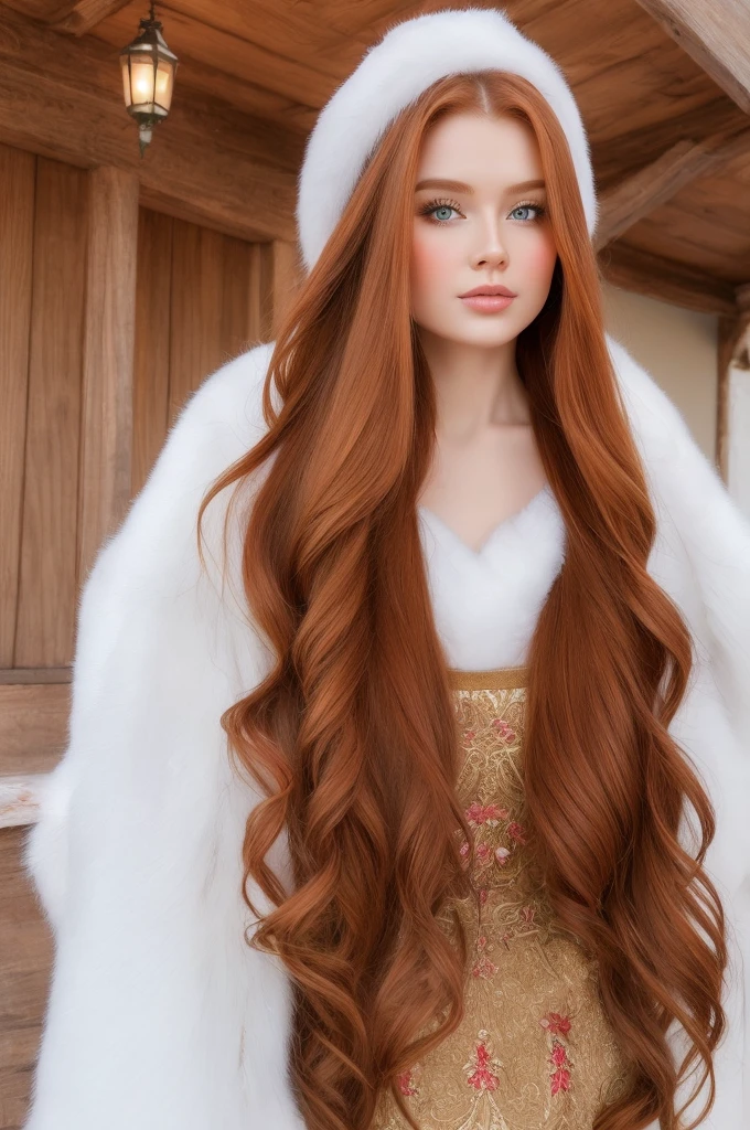 A gorgeous, pretty, shiny, kind-hearted, warm-hearted, sweet, polite, sensitive, friendly, charming, graceful, stylish, glamorous, classy, alluring, majestic, ethereal, angelical ginger long haired russian woman dressed in traditional winter costumes.
