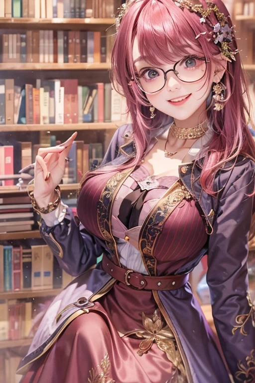 female teacher、A radiant smile、Long skirt、suit、Earrings、Glasses、brooch、belt、Pink Hair、Red eyes、Large Breasts、Too big breasts、library、gigantic breasts,bursting breasts、best quality, perfect skin