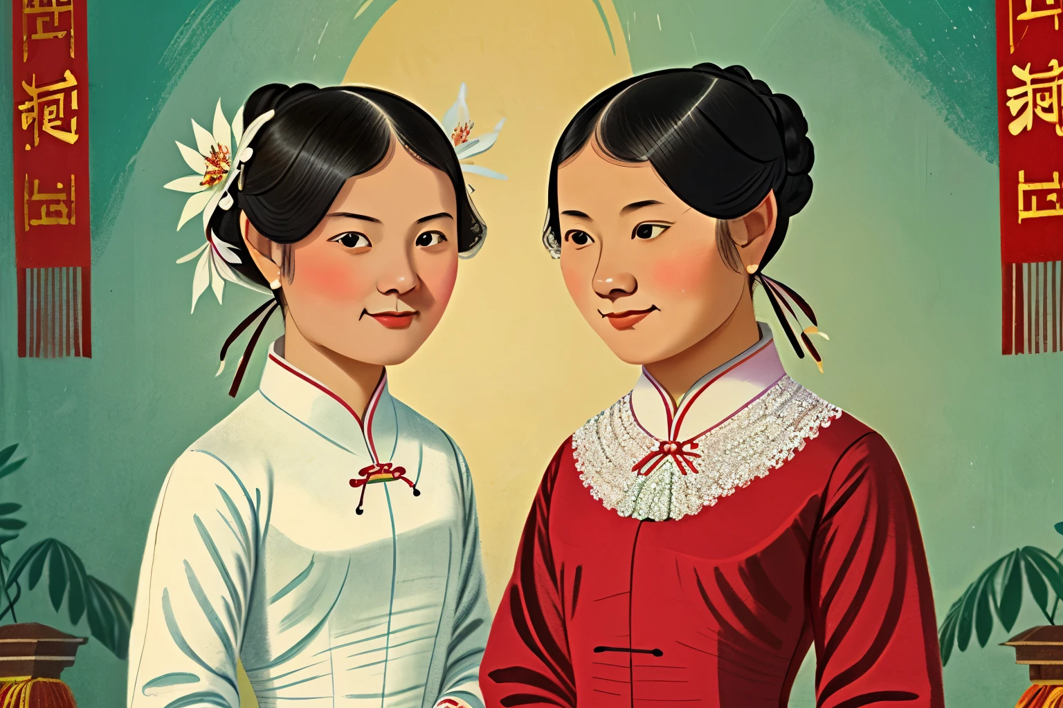 Puwei, China, 1838. A young ((((15-year-old)) WhiteLily and SnowFlower)), two asian girl friends, pale, beautiful, at home, ((smug smile)), ((((chinese clothings from the 1830s)))), ((hairstyle of the 1830s)), ((colorful))
