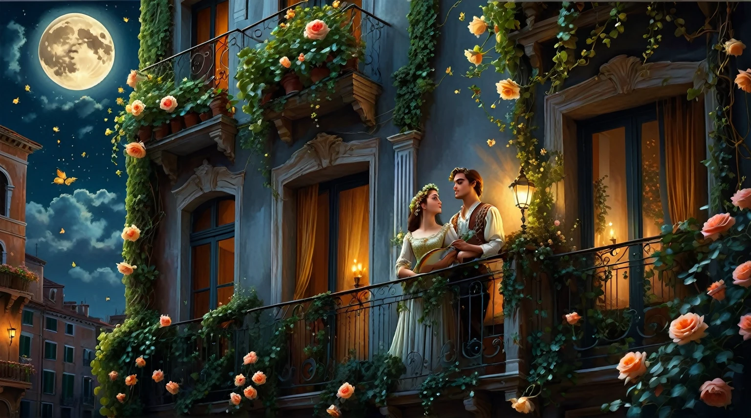 there are two people standing on a balcony with flowers, romantic painting, romantic era painting, romeo and juliet, balcony scene, beautiful digital artwork, in romantic style, very beautiful digital art, romantic scene, beautiful digital painting, inspired by Evgeny Lushpin, beautiful digital art, romantic couple, romanticism painting, romanticism art style, gorgeous digital painting, romance novel cover