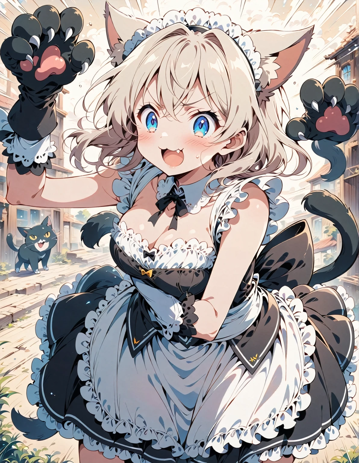 catgirl with white air standing in a cat pose, cat ears, black big cat claws as gloves. Cute, open mouth as meowing, smirk confident look, maid dress, high quality, perfect eyes, anime manga style, cute and sexy 