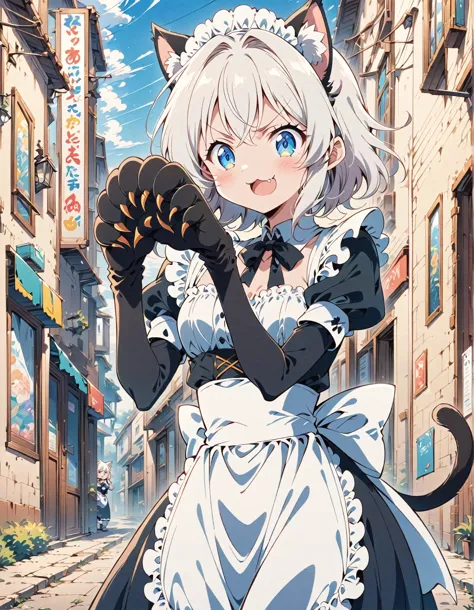 catgirl with white hair standing in a cat pose, cat ears, black big cat claws as gloves. Cute, open mouth as meowing, smirk conf...