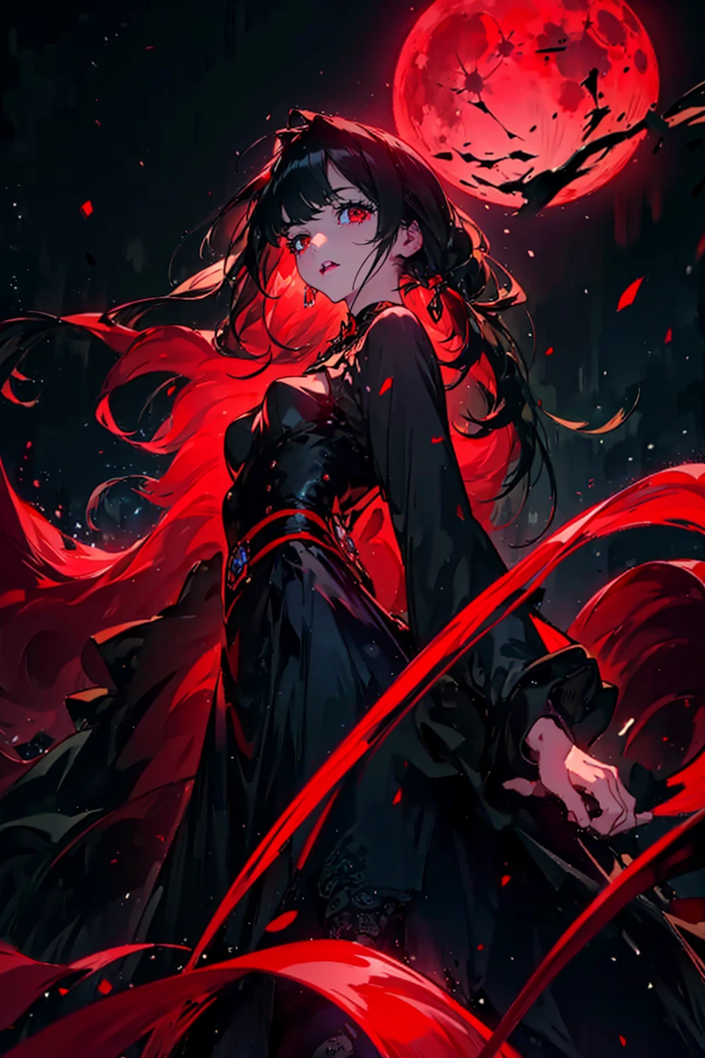 1girl,solo,cool,vampire girl,red eyes,black robe,Red Spider Lily,lycoris,moon night,big red moon,dark,darkness