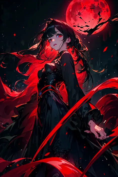 1girl,solo,cool,vampire girl,red eyes,black robe,Red Spider Lily,lycoris,moon night,big red moon,dark,darkness