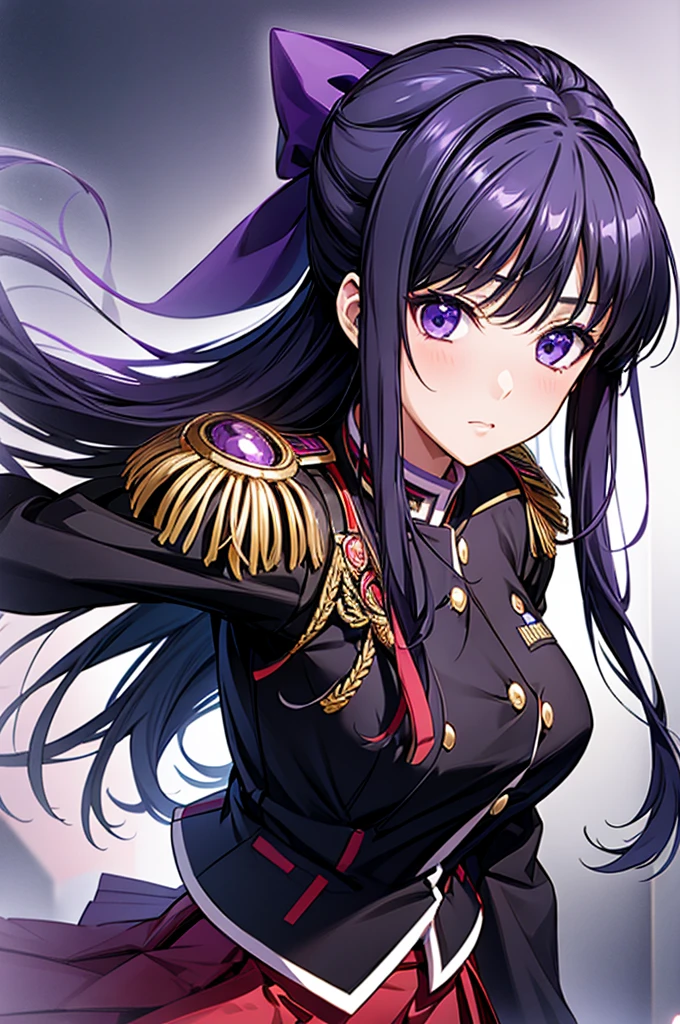 Akane Ryuuzouji、Black jacket uniform、Red pleated skirt、Epaulettes、Right shoulder to chest ornament、Purple head ribbon、Right facing