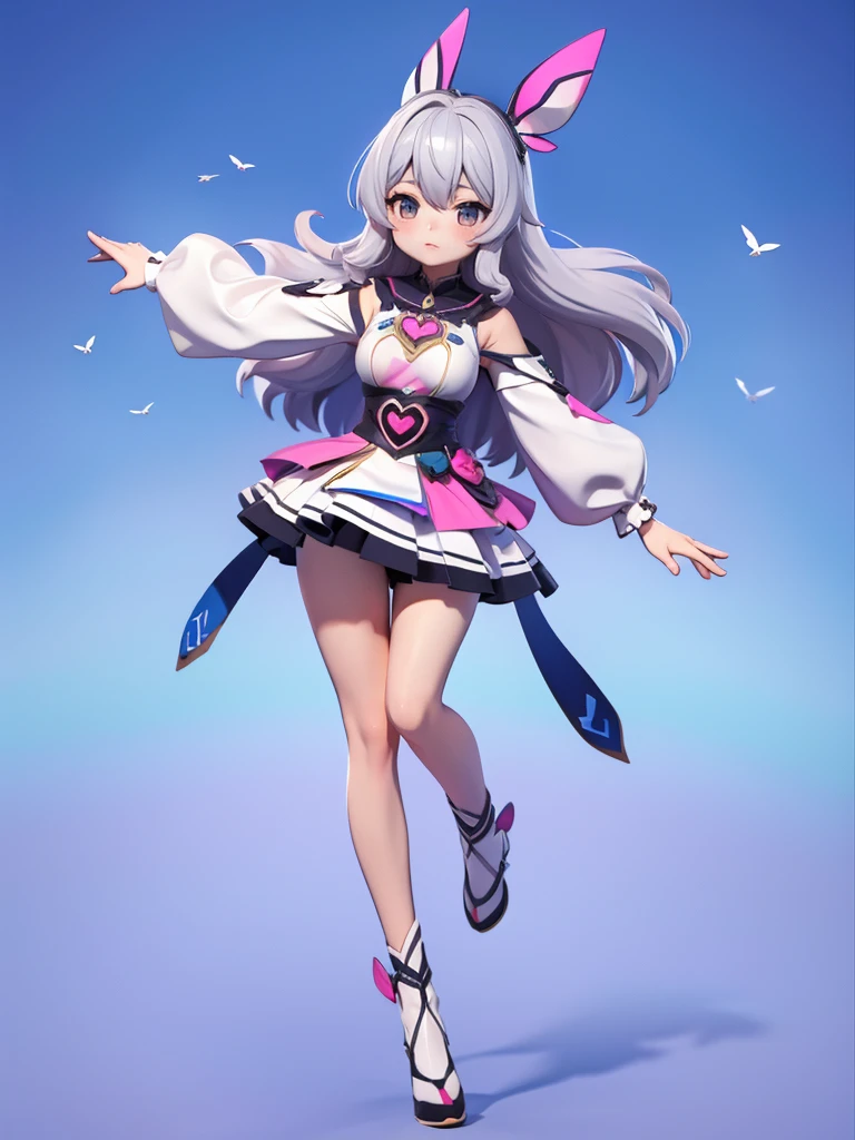 Seizo Watase style, Simple Line Initialism，Abstract art, 3d character, colorful hearts ,(((The most beautiful girl of all time))),  (full body 1.2), only girl, long hair, bufferfly and sky background, 25 year old, full body, (((8k))), ((3d))), gray hair