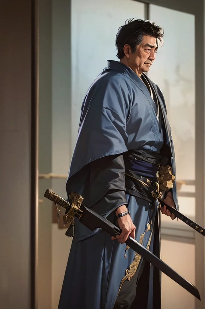 Highest quality，High resolution，((Shinzo Abe)) ，Kenshiro，Fist of the North Star，samurai，One person，warrior，armor，（dark blue_coat），male，One personで，Middle Age，（face_Wrinkles），Swordsman，strongest，Anime Style，(Limbs)，(Full Finger)，(Accurate fingertips), (The finer details), (Super detailed)，(Japanese sword:)，4K，(high resolution)，whole body, (Front angle), Looking at the camera,masterpiece，(Subtle details)，(Intricate details)，Octane Rendering，(Hyper Detail)，