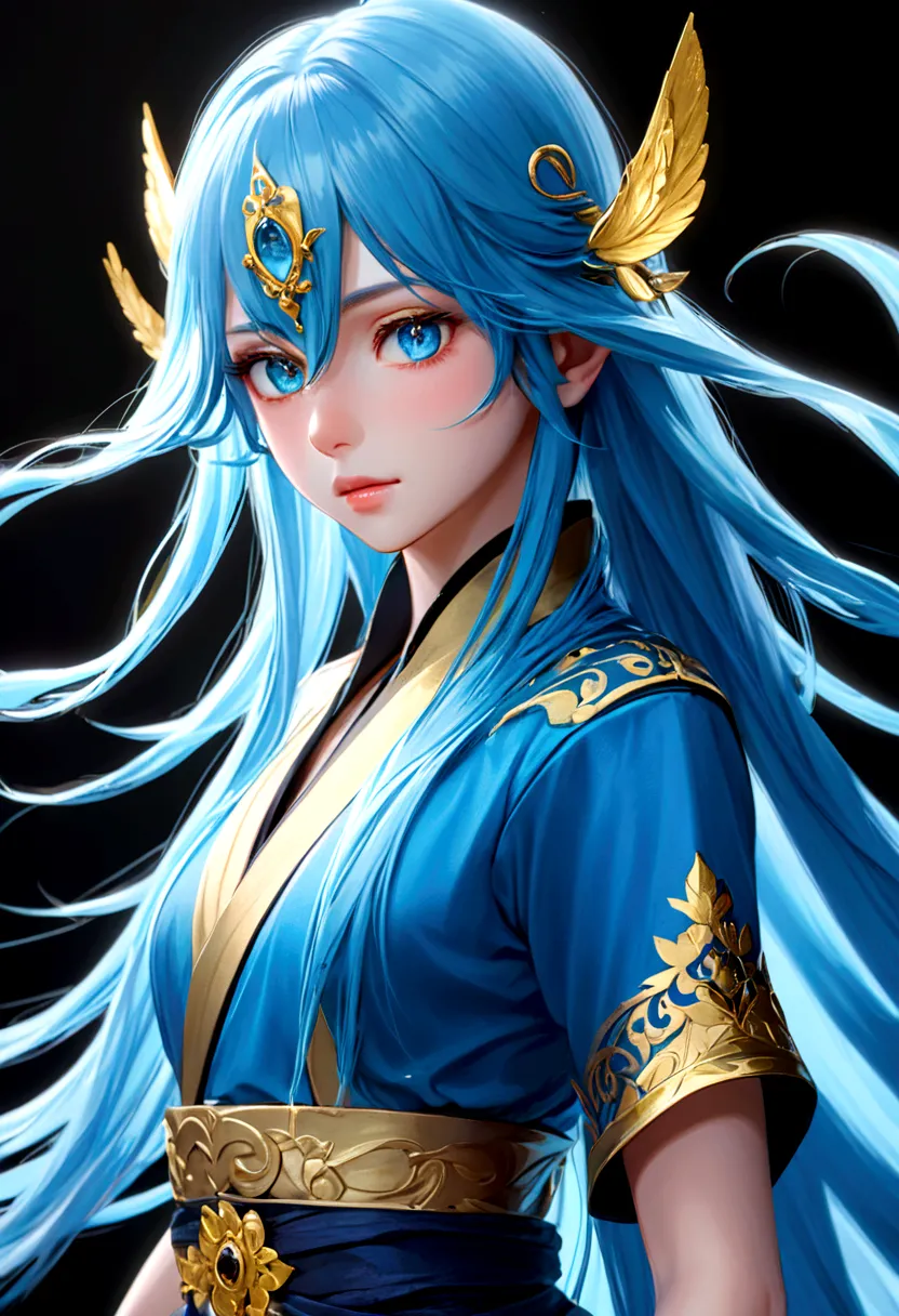 Rimuru Tempest, blue long hair, golden eyes, androgynous appearance, highly detailed illustration, beautiful lighting, (best qua...