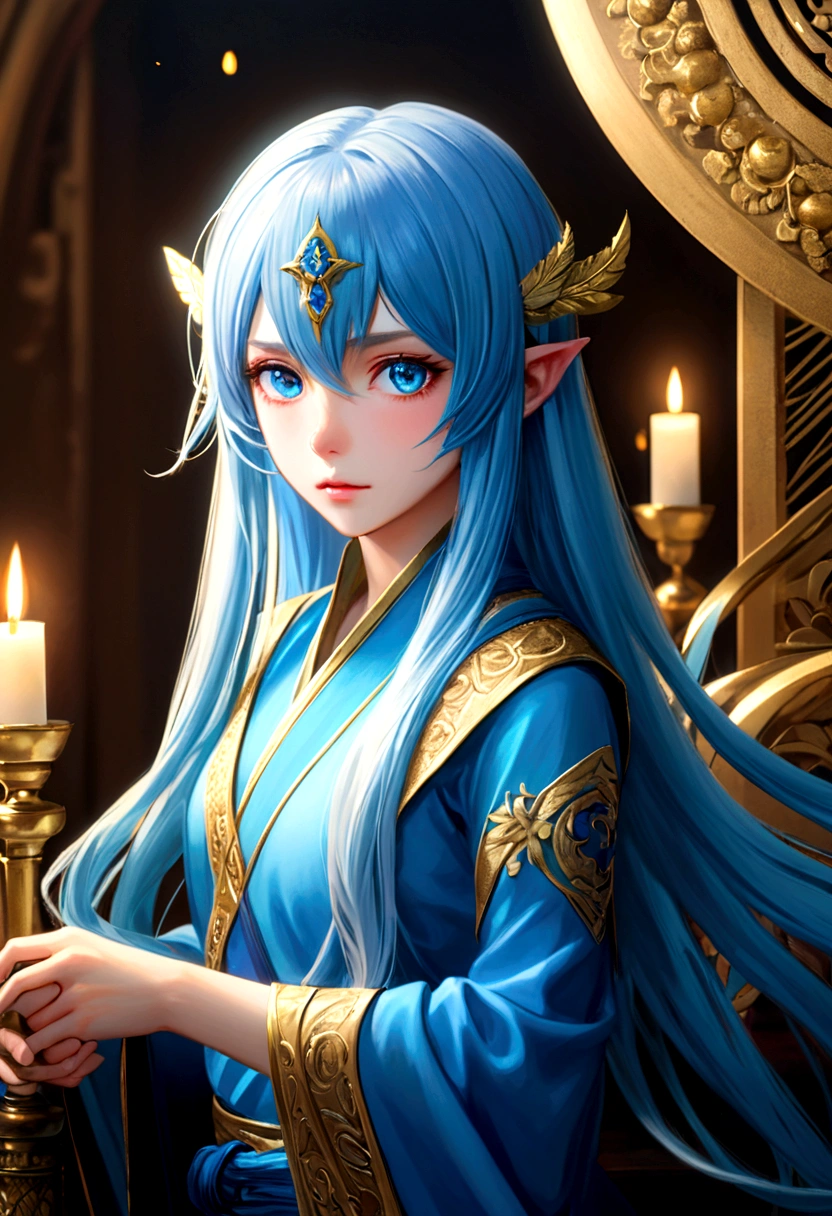 Rimuru Tempest, blue long hair, golden eyes, androgynous appearance, highly detailed illustration, beautiful lighting, (best quality,4k,8k,highres,masterpiece:1.2),ultra-detailed,(realistic,photorealistic,photo-realistic:1.37),intricate details, soft colors, digital art, fantasy character, cinematic lighting, dramatic pose, ethereal, elegant, mystical